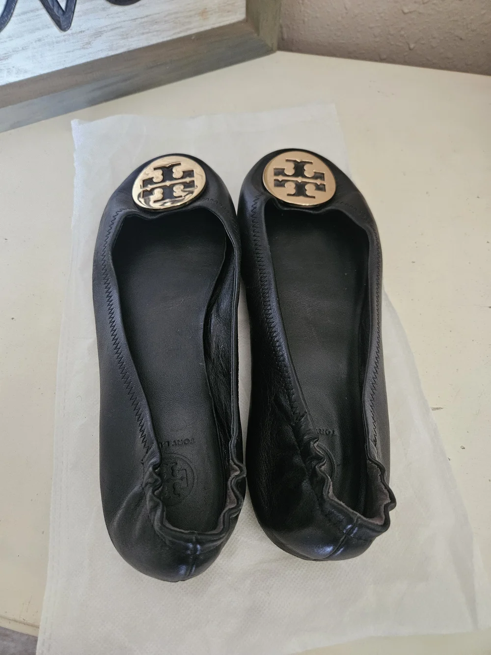 Tory Burch Black Reva Ballet Flats with Gold Logo